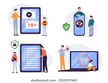 Control parental. Software de control parental, música de asesoramiento parental, metáforas de contenido digital para niños. Ilustraciones de metáforas conceptuales aisladas por vectores