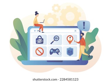 Parental control software. Age restriction, limited game time, geolocation tracking. Blocked, prohibited or inappropriate content for kids. Safe internet. Modern flat cartoon style Vector illustration svg