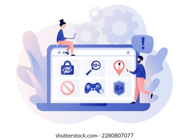Parental control software. Blocked, prohibited or inappropriate content for kids. Safe internet. Age restriction, limited game time, geolocation tracking. Modern flat cartoon style Vector illustration svg