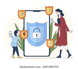 Parental control software simple. Woman with girl near smartphone screen. Safety for kids. Protection with login and password. Doodle flat vector illustration isolated on white background