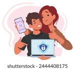 Parental Control or Web Safety Scene with Happy Mother and Son with Gadgets, Using Software Or Device Settings To Monitor, Limit And Protect Child Online Activities, Ensuring Safe Internet Experience