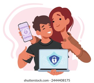 Parental Control or Web Safety Scene with Happy Mother and Son with Gadgets, Using Software Or Device Settings To Monitor, Limit And Protect Child Online Activities, Ensuring Safe Internet Experience