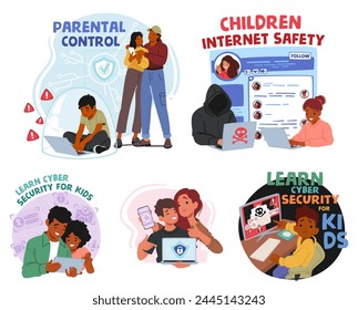 Parental Control and Web Safety Vector Set. Parents Use Tools Help Guardians Monitor And Manage Their Children Online Activities, Ensuring A Safe Browsing Experience By Filtering Inappropriate Content