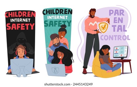 Parental Control, Web Safety Vector Concept. Parents Characters Monitor And Manage Their Children Online Activity, Restricting Access To Inappropriate Content And Ensuring A Safe Digital Environment svg
