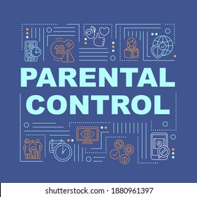 Banner de conceptos de palabra de control parental. Los niños están a salvo en línea. Limite el software de tiempo de pantalla. Infografía con iconos lineales sobre fondo morado. Tipografía aislada. Ilustración de color RGB del contorno del vector