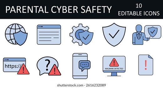 Parental Cyber Safety icon set with safe internet, clean browser, encrypted chat, antivirus shield, malware alert, and security awareness in a modern flat vector style.