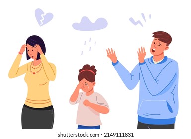 Parental divorce. Parents conflict, family quarrel between husband and wife, couples marriage problems, cry kid daughter sad mother angry father, vector illustration. Conflict divorce family