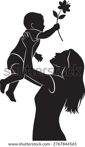 Parental embrace tender moment offering bloom. For greeting cards celebratory design.