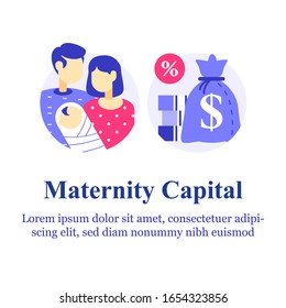 Parental or family leave program, maternity or paternity capital, money payment for first child birth, financial support or loan, annual allowance, young mother and father couple holding baby