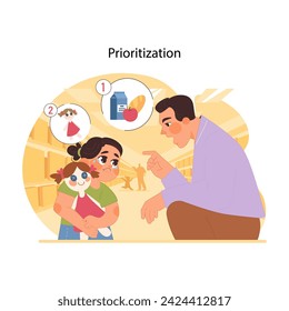 Parental guidance concept. Father explaining importance of needs over wants to his daughter in store, daughter crying, wanting toy doll. Teaching moments in shopping. Flat vector illustration
