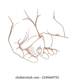 parental hands and baby child. Hands of father dad and child. Motherhood. The concept of happy family motherhood; Drawn by hand. Newborn