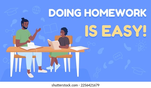 Parental homework involvement flat vector banner template. Doing assignments with parent easy poster, leaflet printable color designs. Editable flyer page with text space. Fredoka One font used
