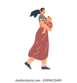 Parental joy. Vector illustration of a mother holding a baby in a carrier, looking forward. A family scene from a cartoon, highlighted with a white background