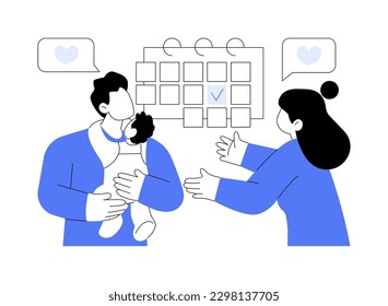 Ilustración vectorial del concepto abstracto de licencia parental. Licencia de maternidad familiar, familia feliz, cuidado del bebé, madre y recién nacido, padre caminando jugando con la metáfora abstracta del hijo.