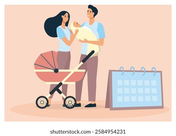 Parental leave concept. Family maternity leave, happy family, caring for baby with trolley near calendar. Flat vector modern illustration 