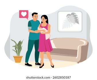 Parental leave concept. Happy young parents taking care of a newborn baby at home. Flat vector illustration.