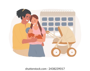 Parental leave isolated concept vector illustration. Family maternity paternity leave, happy family, take care of baby, mother and newborn child, father walking playing with son vector concept.