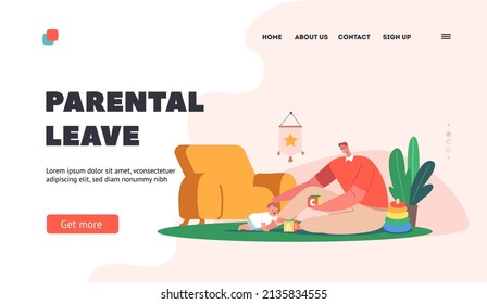 Parental Leave Landing Page Template. Father And Little Son Playing Toys Sitting On Floor. Happy Family Loving Relations. Man And Small Boy Gaming Fun, Dad And Kid Leisure. Cartoon Vector Illustration