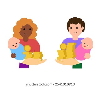 Parental leave, mother and father with one baby together receiving money. Vector simple color flat illustration.
