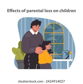 Parental loss on children. A tender moment of family strength, facing the void together. Flat vector illustration.