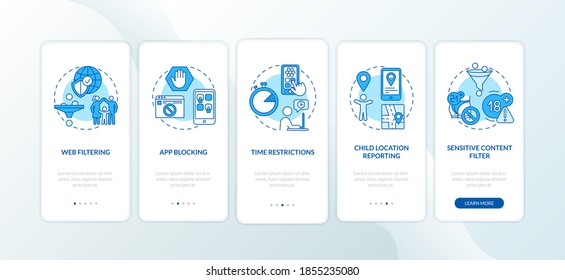 Parental monitoring elements onboarding mobile app page screen with concepts. Web filter, app blocking walkthrough 5 steps graphic instructions. UI vector template with RGB color illustrations