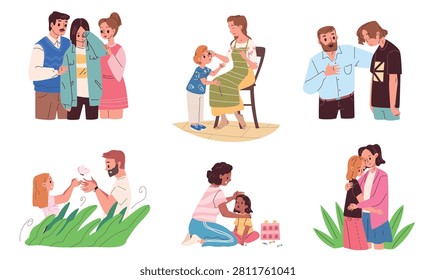 Parental support. Parents teach talk kid, mother hug cry child dad explain sad son happy family together communicate teen adult children care help love classy vector illustration