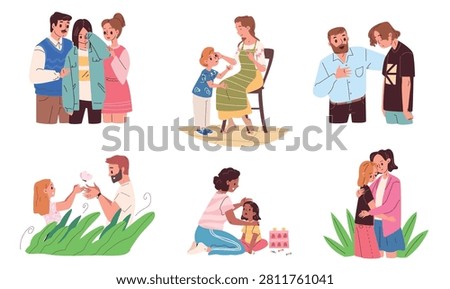 Parental support. Parents teach talk kid, mother hug cry child dad explain sad son happy family together communicate teen adult children care help love classy vector illustration