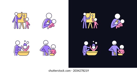 Parent-child bonding light and dark theme RGB color icons set. Painting together. Bottle feeding. Isolated vector illustrations on white and black space. Simple filled line drawings pack