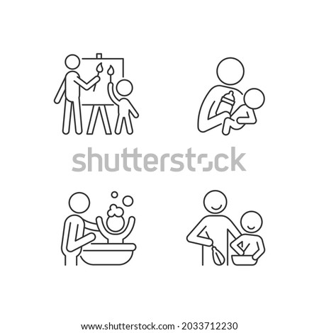 Parent-child bonding linear icons set. Painting together. Bottle feeding. Bathing child. Cooking class. Customizable thin line contour symbols. Isolated vector outline illustrations. Editable stroke