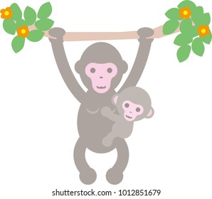 Parent-child monkey hanging on branch
