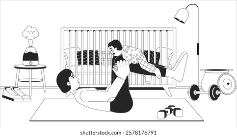 Parent-child playtime in nursery room black and white line illustration. Mother toddler engaging in playful exercise on yoga mat 2D character monochrome background. Home fitness outline vector image