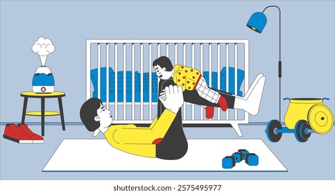 Parent-child playtime in nursery room flat illustration. Mother and toddler engaging in playful exercise on yoga mat 2D characters cartoon background. Home fitness scene vector storytelling image