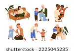 Parent-child relationship, communication concept. Fathers, mothers supporting, talking to children. Moms, dads interaction with kids. Flat graphic vector illustrations isolated on white background