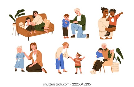 Parent-child relationship, communication concept. Fathers, mothers supporting, talking to children. Moms, dads interaction with kids. Flat graphic vector illustrations isolated on white background - Shutterstock ID 2225045235