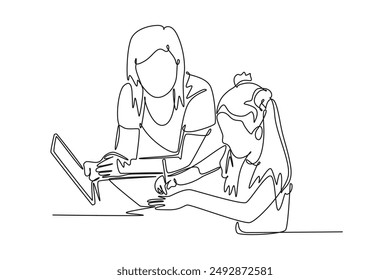 Parent-child relationship, communication concept. Single line draw design vector graphic illustration.