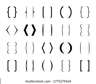 Parenthesis. Curly bracket for text. Brace icon. line and frame for typography and punctuation. Vintage design shapes. Square signs for school. Hand drawn symbol. Set of graphic calligraphy. Vector.