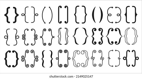 Parenthesis text brackets, round and square line frames, vector icons. Parenthesis borders, vintage doodle curly design of boarders and frame dividers, typography ornate decoration symbols