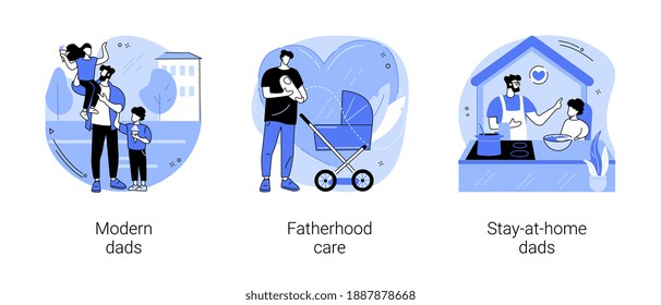 Parenthood abstract concept vector illustration set. Modern dads, fatherhood care, stay-at-home dads, happy kid family, fathers day, breadwinner mom, parental leave, domestic work abstract metaphor.