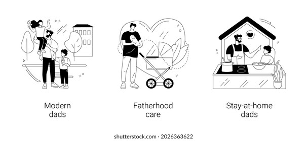 Conjunto de ilustraciones vectoriales de concepto abstracto de la paternidad. Padres modernos, cuidado de la paternidad, padres que se quedan en casa, familia de niños felices, día del padre, madre del sostén de la familia, licencia parental, trabajo doméstico metáfora abstracta.