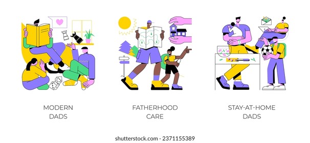 Conjunto de ilustraciones vectoriales de concepto abstracto de la paternidad. Padres modernos, cuidado de la paternidad, padres que se quedan en casa, familia de niños felices, día del padre, madre del sostén de la familia, licencia parental, trabajo doméstico metáfora abstracta.