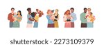 Parenthood and adoption. Vector cartoon illustration in flat style of set of young adult diverse straight and gay couples holding a baby in their arms. Isolated on white