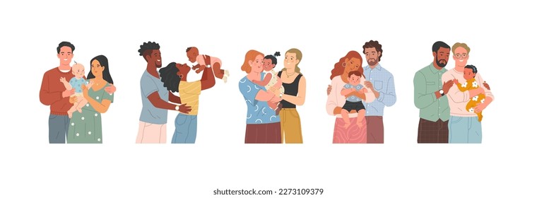 Parenthood and adoption. Vector cartoon illustration in flat style of set of young adult diverse straight and gay couples holding a baby in their arms. Isolated on white