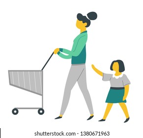 Parenthood and child care mother and daughter on shopping with supermarket cart vector trolley or pushcart mom and kid buying food bringing up infant little girl and mommy daily routine weekend