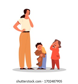 Parenthood and child rearing concept. Little boy doesn't want to share histeddy bear with little girl. Influence on child, family relationship, and childcare. Isolated vector illustration