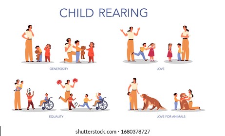 Parenthood and child rearing concept set. Influence on child, family relationship, and childcare. Parental knowledge about generosity, equality and love. Isolated vector illustration in cartoon style