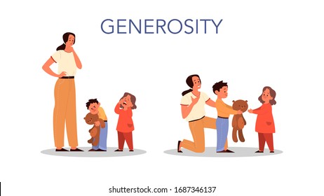 Parenthood and child rearing concept. Woman teach her son generosity. Influence on child, family relationship, and childcare. Isolated vector illustration in cartoon style