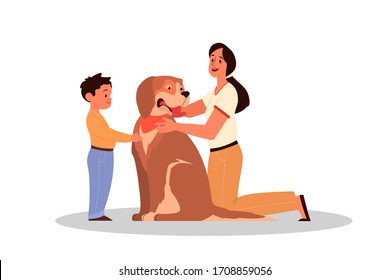 Concepto de crianza de los hijos. Las mujeres enseñan a su hijo a amar a los animales. Madre e hijo con su perro. Ilustración vectorial aislada en estilo caricaturista