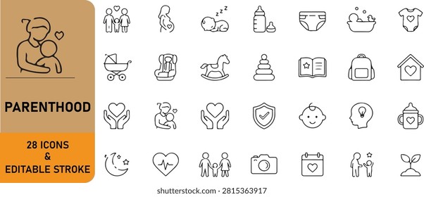 Parenthood and childcare line icon set with editable stroke, featuring parents, babies, children, baby care, family love, parenting, toys, nursery items, and child development symbols.