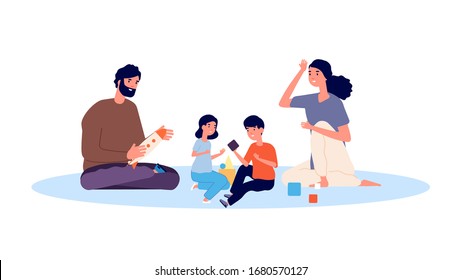 Parenthood concept. Happy family playing. Mother father son and daughter vector characters