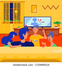 Parenthood concept. Happy family watching TV. Happy family playing. Mother, father, son and daughter vector characters. The discussion of the news.